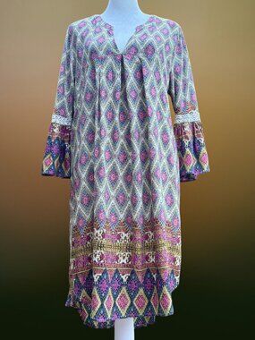 Umgee Boho Southwestern Hi Low Swing / Shift Dress Bell Sleeve Crochet Trim (Lg)